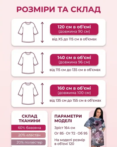 Розмірна сітка велюрової туніки оверсайз Velur Pijamas: розміри 120, 140 і 160 см в об'ємі, довжина 90–100 см, склад 60% бавовна, 20% еластан, 20% поліестер, параметри моделі
