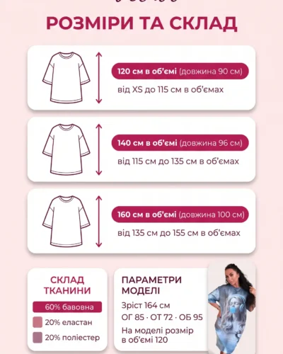 Розмірна сітка велюрової туніки оверсайз Velur Pijamas: розміри 120, 140 і 160 см в об'ємі, довжина 90–100 см, склад 60% бавовна, 20% еластан, 20% поліестер, параметри моделі