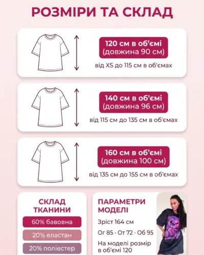 Розмірна сітка велюрової туніки оверсайз Velur Pijamas: розміри 120, 140 і 160 см в об'ємі, довжина 90–100 см, склад 60% бавовна, 20% еластан, 20% поліестер, параметри моделі