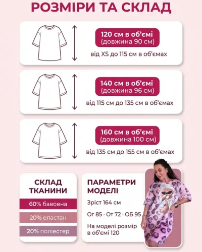 Розмірна сітка велюрової туніки оверсайз Velur Pijamas: розміри 120, 140 і 160 см в об'ємі, довжина 90–100 см, склад 60% бавовна, 20% еластан, 20% поліестер, параметри моделі