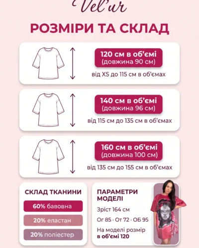 Розмірна сітка велюрової туніки оверсайз Velur Pijamas: розміри 120, 140 і 160 см в об'ємі, довжина 90–100 см, склад 60% бавовна, 20% еластан, 20% поліестер, параметри моделі