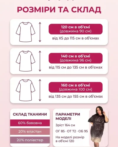 Розмірна сітка велюрової туніки оверсайз Velur Pijamas: розміри 120, 140 і 160 см в об'ємі, довжина 90–100 см, склад 60% бавовна, 20% еластан, 20% поліестер, параметри моделі