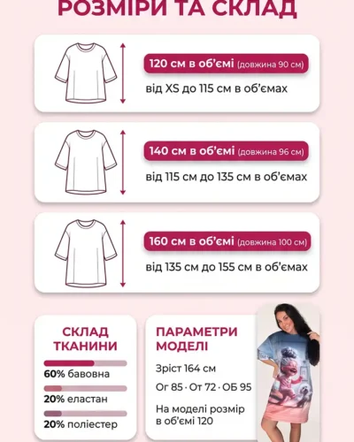 Розмірна сітка велюрової туніки оверсайз Velur Pijamas: розміри 120, 140 і 160 см в об'ємі, довжина 90–100 см, склад 60% бавовна, 20% еластан, 20% поліестер, параметри моделі