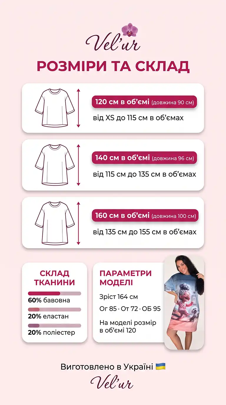 Розмірна сітка велюрової туніки оверсайз Velur Pijamas: розміри 120, 140 і 160 см в об'ємі, довжина 90–100 см, склад 60% бавовна, 20% еластан, 20% поліестер, параметри моделі