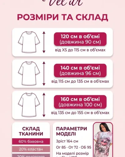 Розмірна сітка велюрової туніки оверсайз Velur Pijamas: розміри 120, 140 і 160 см в об'ємі, довжина 90–100 см, склад 60% бавовна, 20% еластан, 20% поліестер, параметри моделі