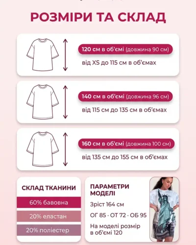 Розмірна сітка велюрової туніки оверсайз Velur Pijamas: розміри 120, 140 і 160 см в об'ємі, довжина 90–100 см, склад 60% бавовна, 20% еластан, 20% поліестер, параметри моделі