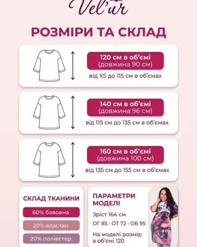 Розмірна сітка велюрової туніки оверсайз Velur Pijamas: розміри 120, 140 і 160 см в об'ємі, довжина 90–100 см, склад 60% бавовна, 20% еластан, 20% поліестер, параметри моделі