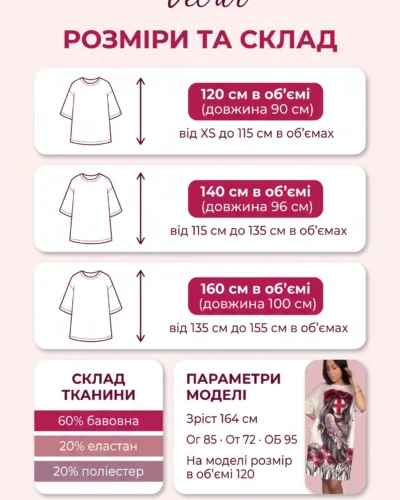 Розмірна сітка велюрової туніки оверсайз Velur Pijamas: розміри 120, 140 і 160 см в об'ємі, довжина 90–100 см, склад 60% бавовна, 20% еластан, 20% поліестер, параметри моделі